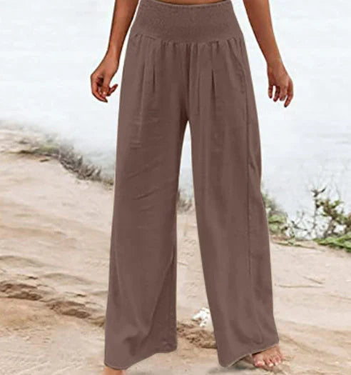 Women's wide leg casual pants in cotton linen blend, available in multiple colors