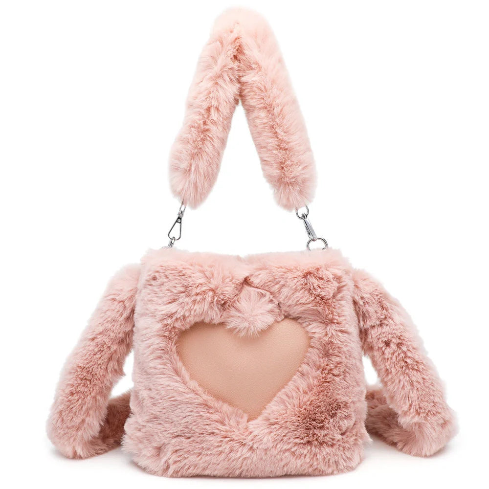 Plush tote bag for women in various colors, including black, brown, white, gray, and pink, with a soft, fluffy exterior and a spacious, versatile design.
