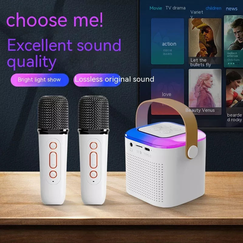 Bluetooth karaoke machine with two wireless microphones and RGB lighting