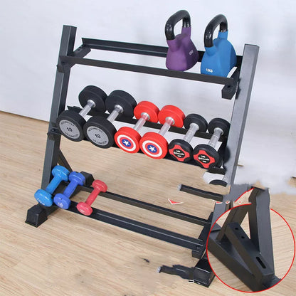 Compact three-layer dumbbell rack for efficient fitness equipment organization