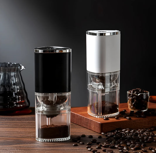 Electric ceramic burr coffee grinder in frosted white or black with USB charging cable