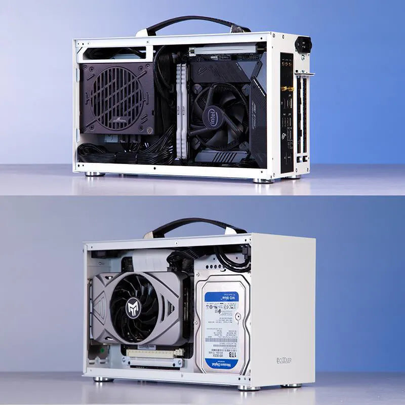 Three Hummingbird Portable ITX desktop computer chassis in titanium grey with tinned steel construction