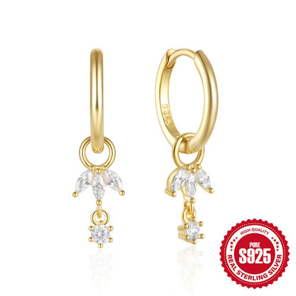 S925 sterling silver earrings with geometric sunflower design and inlaid zircon stones in golden-three diamonds colour