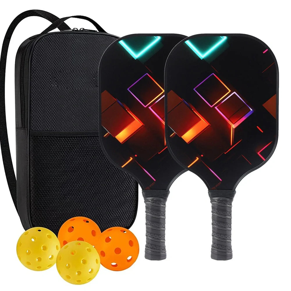 Peak Racket fibreglass squash set showing two rackets and four balls for complete playing equipment