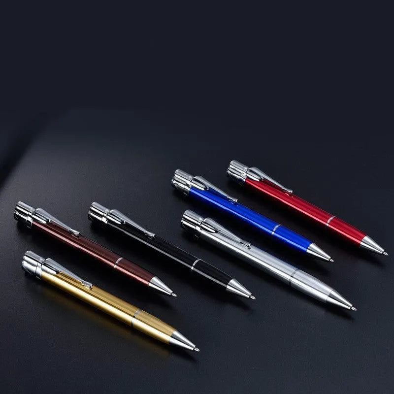 Silver metal pen-style jet lighter with side ignition button and windproof flame.