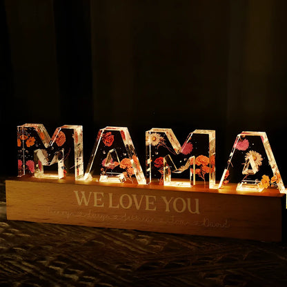 Custom flower printed LED night light with personalised text on acrylic surface in three size options