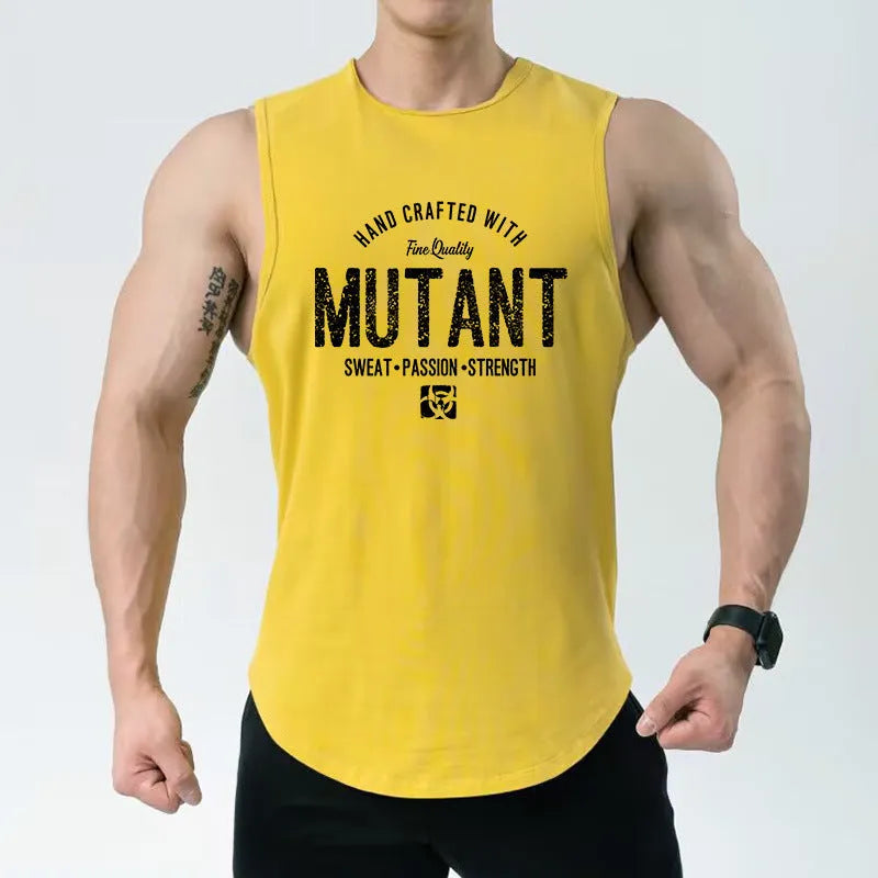 Loose-fit polyester workout tank top in multiple colours on a size chart.