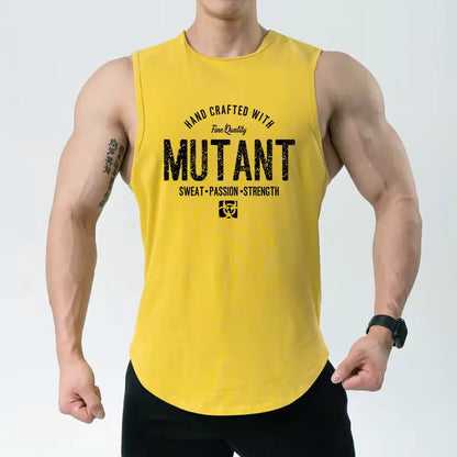 Loose-fit polyester workout tank top in multiple colours on a size chart.