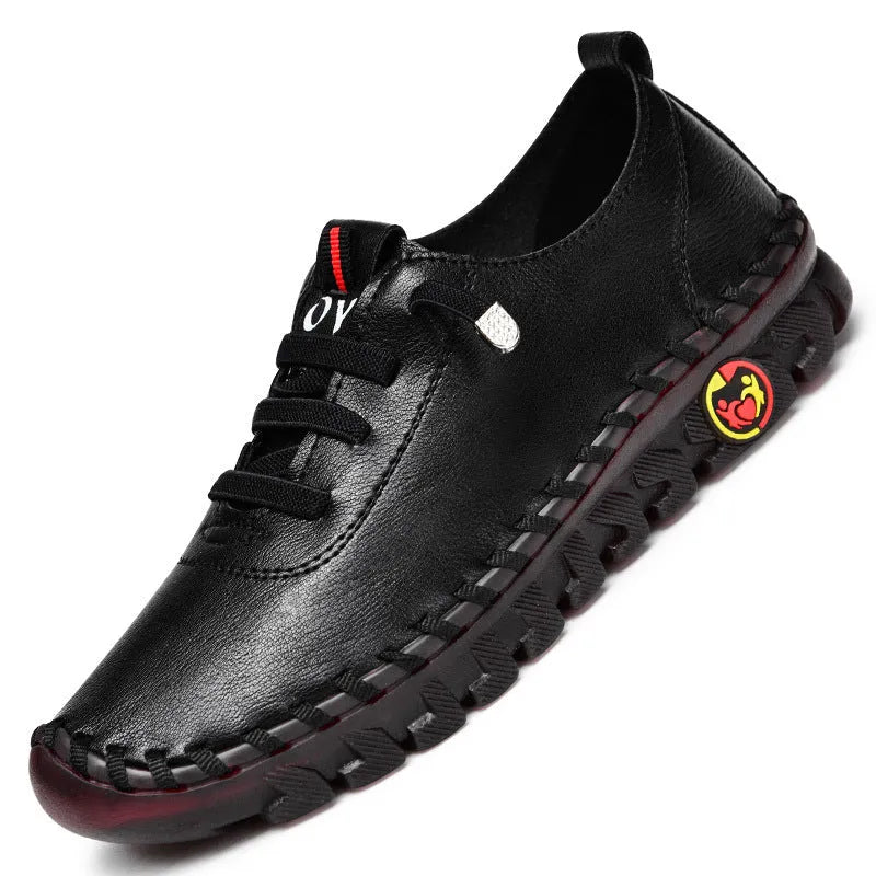 Women's handmade soft sole shoes with microfiber upper, round toe, 3-5cm heel, in black, white, red, or brown.