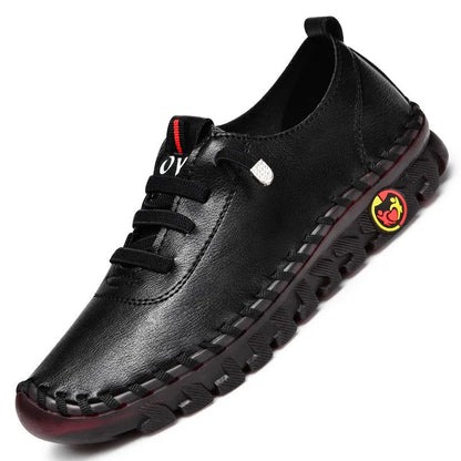 Women's handmade soft sole shoes with microfiber upper, round toe, 3-5cm heel, in black, white, red, or brown.