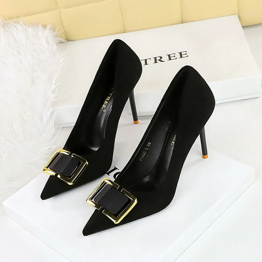 Black suede stiletto heels with 9CM heel height, rubber sole, and pointed toe design