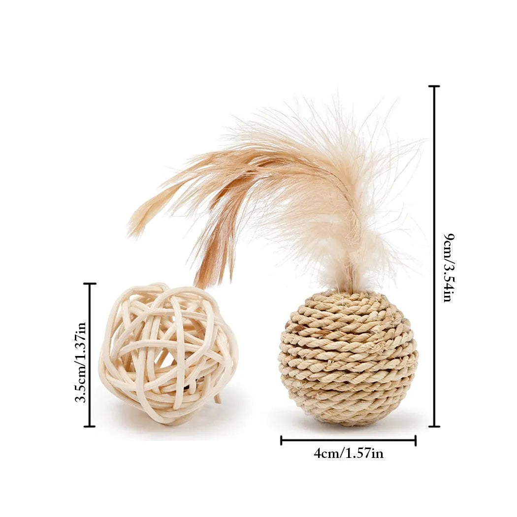 Two-piece cat toy set showing rattan ball and faux feather ball for interactive pet play