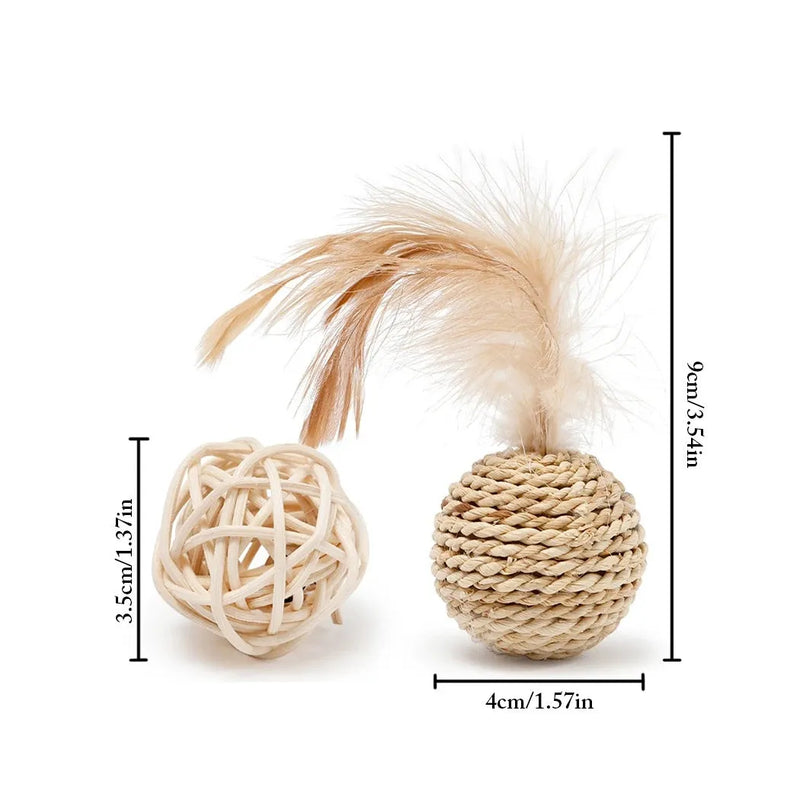 Cat toy set with hollow rattan ball and faux feather ball, 2-piece interactive pet toy collection featuring rattan ball measuring 3.5cm diameter and feathered ball measuring 4x9cm for kittens and cats playing