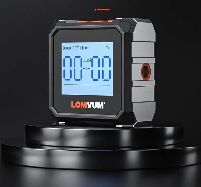 Longyun digital inclinometer with backlight display showing measurement readings on alloy casing