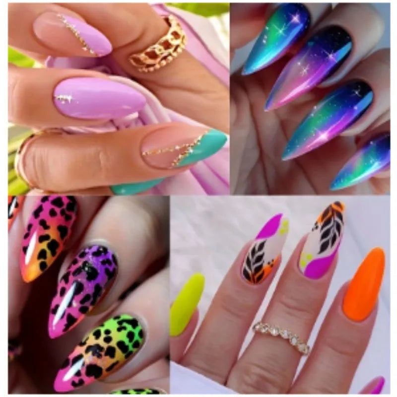 Almond armour shaped nail stickers with frosted finish showing four decorative colour options