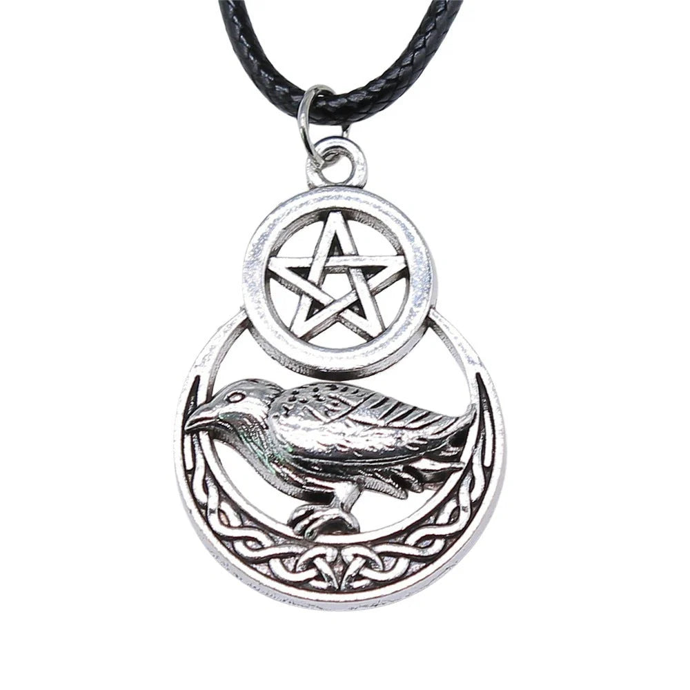 Men's vintage silver pentagram crow pendant necklace with adjustable chain