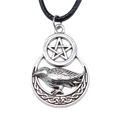 Men's vintage silver pentagram crow pendant necklace with adjustable chain