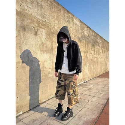 Men's camouflage cropped jeans with ripped details and straight leg fit in thin cotton fabric