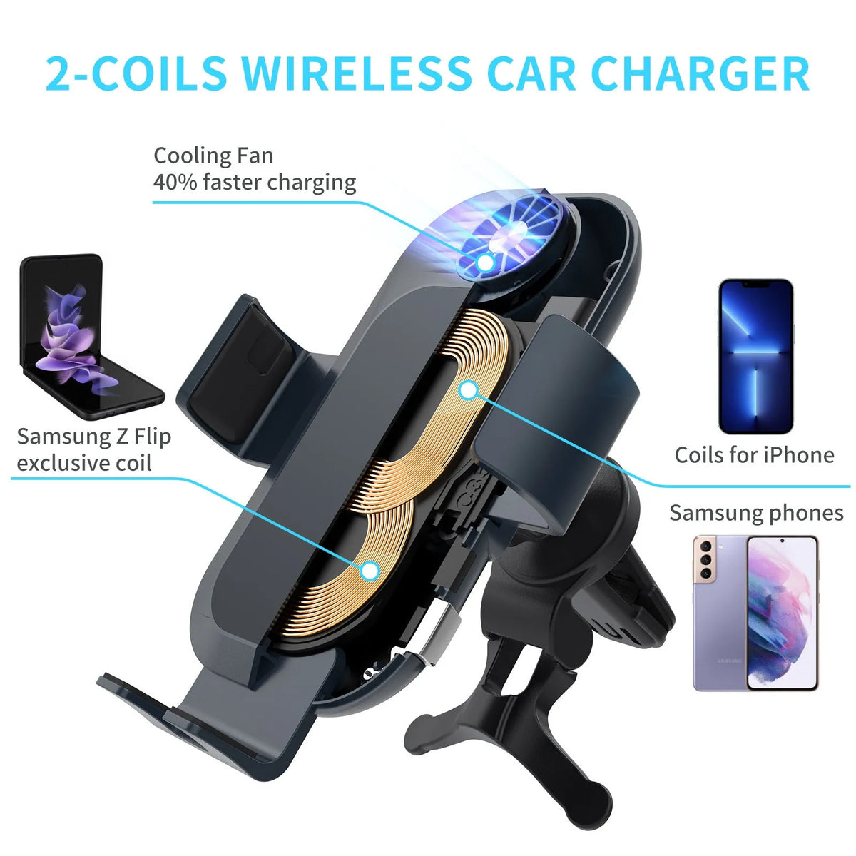 C35 colour car wireless phone charger holder mounted on a car air vent, showing automatic clamping arms.