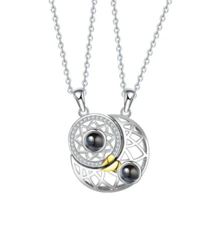 Personalized Sun and Moon Projection Necklace showcasing 100 languages I love you engraving