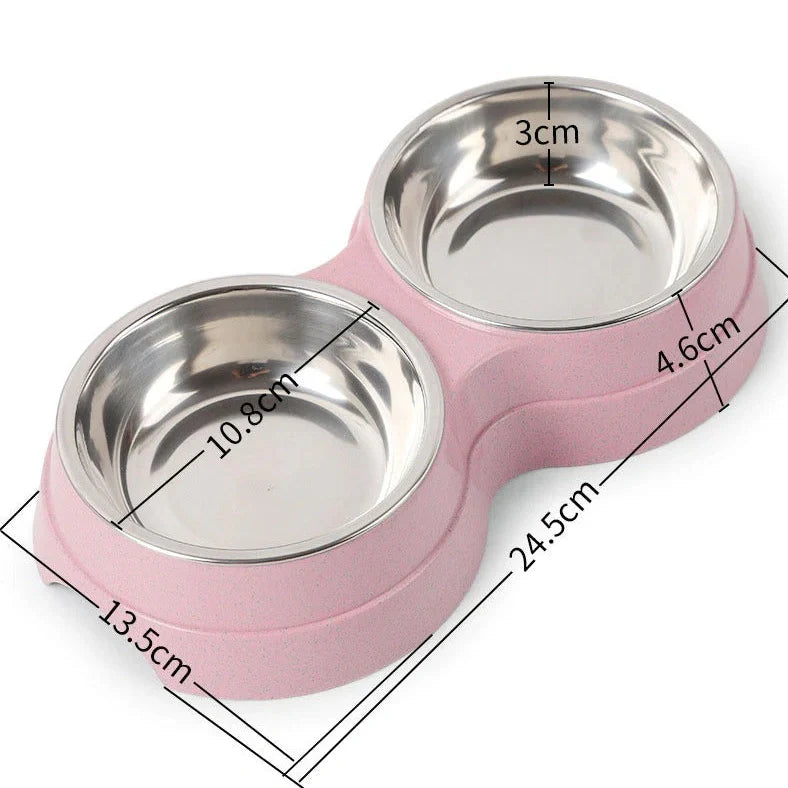 Double pet bowl with stainless steel insert and straw base in blue, showing separate food and water compartments