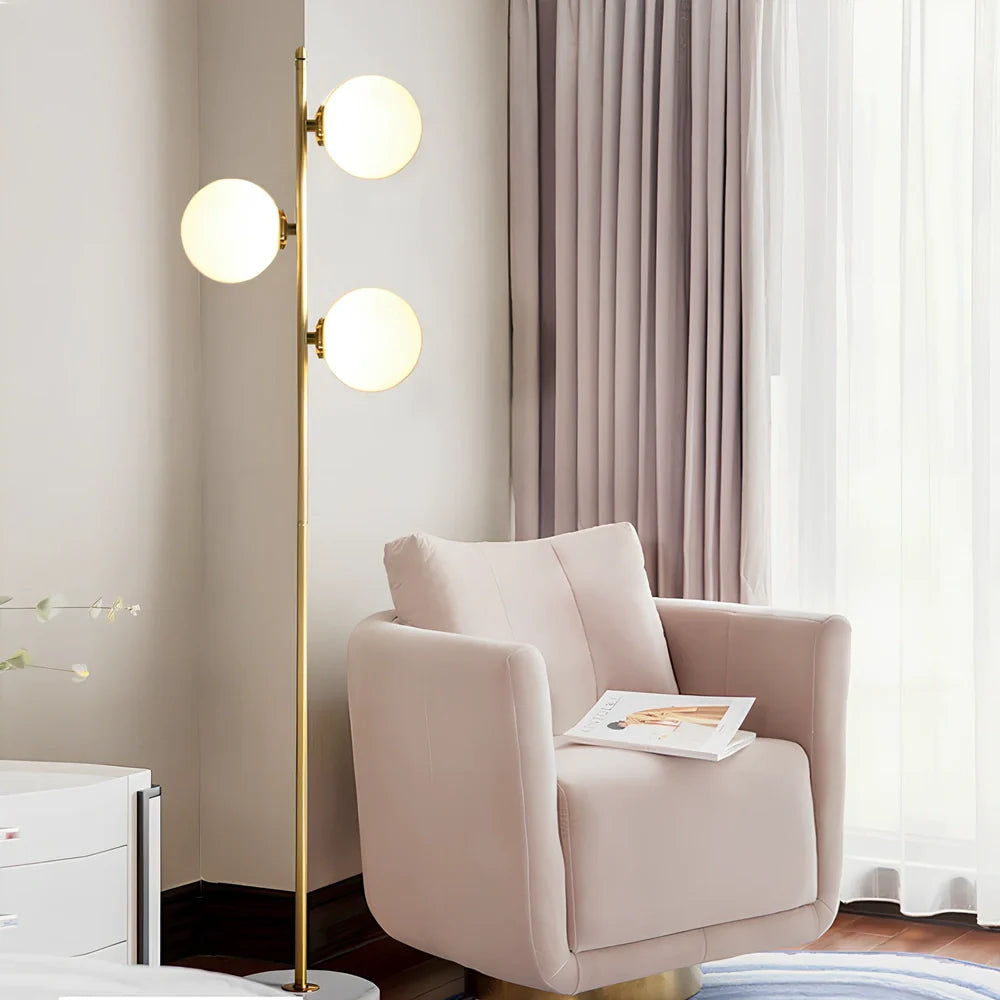 Vertical aluminium alloy floor lamp with gold finish and glass elements, 155cm height