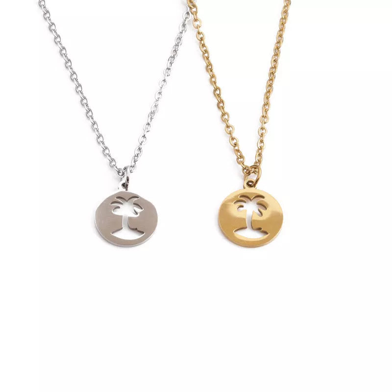 Men's titanium steel hollow coconut tree pendant necklace in gold and gray
