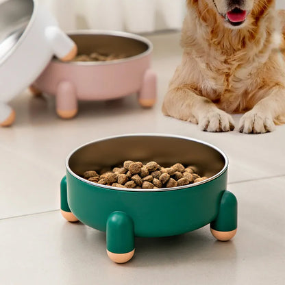 Green stainless steel pet bowl with anti-overturn base and high foot for dogs and cats.
