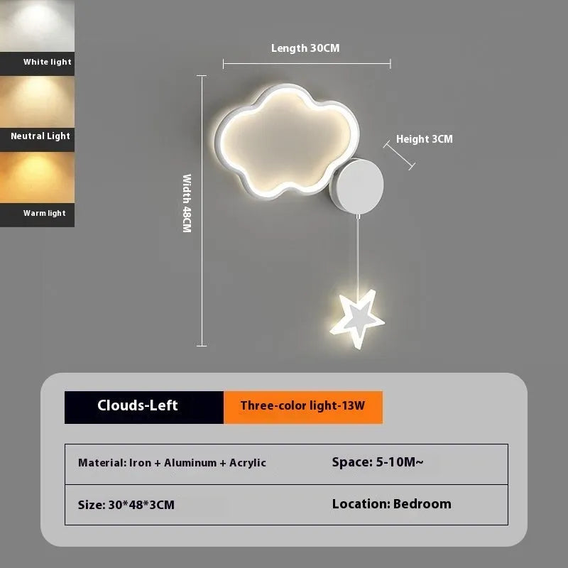 Black five-pointed star shaped children's wall lamp with a left-facing cloud design and touch control for three colour LED light.