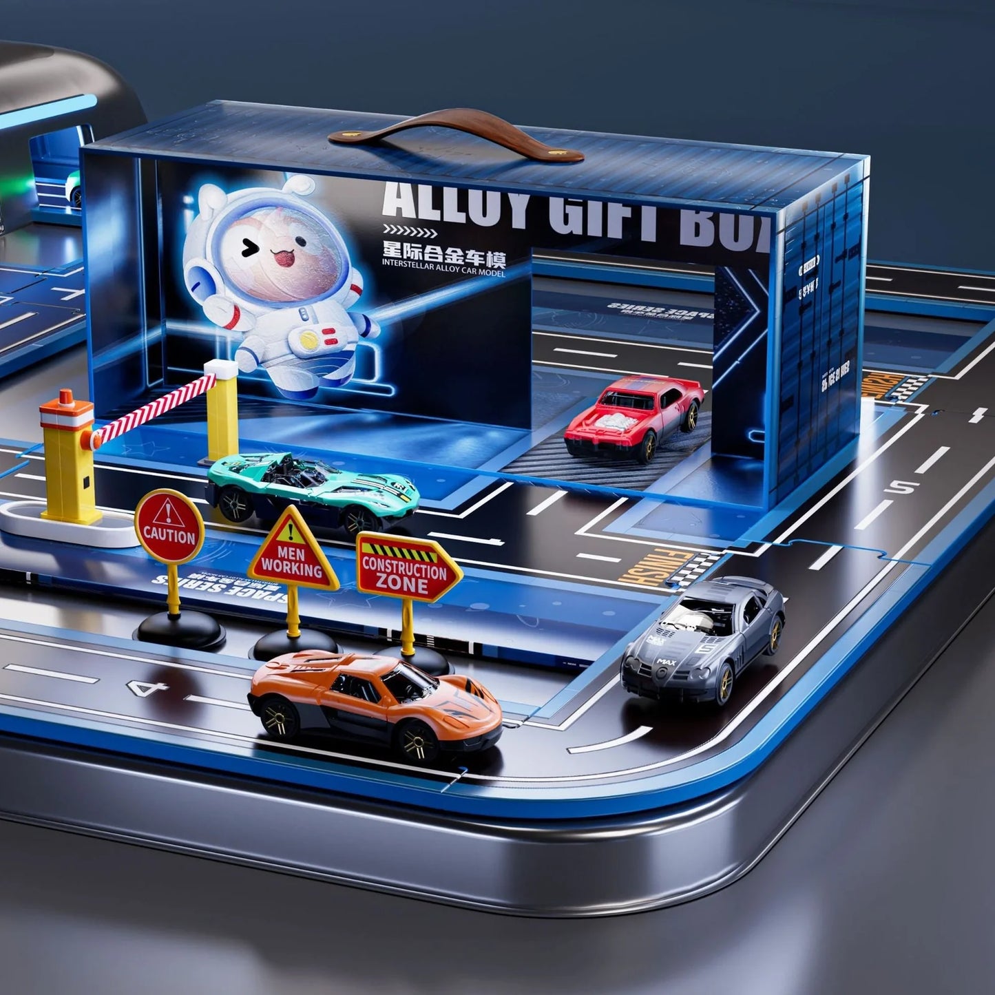 Alloy car toy set with 20 die-cast vehicles, 5 barricades and 18 puzzle pieces in container gift box