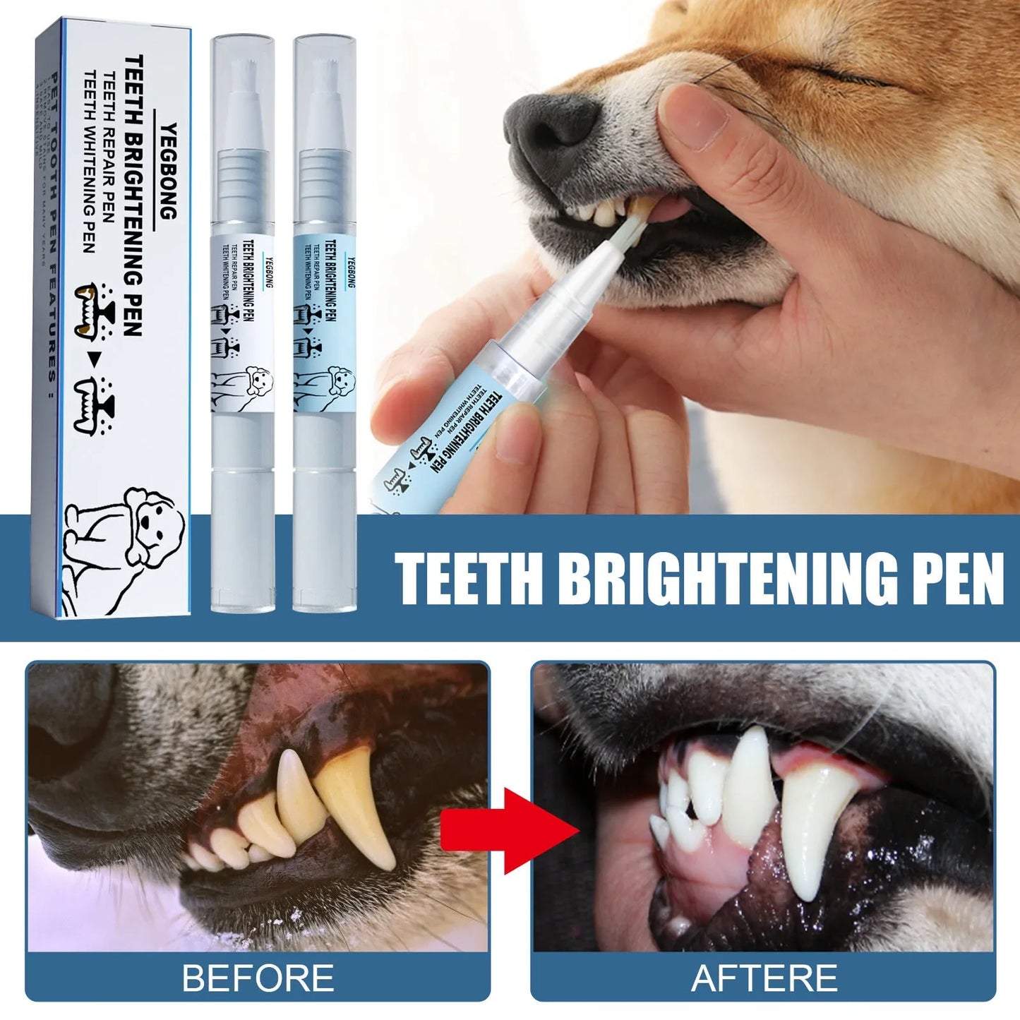 Pet teeth whitening pen with dental brushes for dog and cat tartar removal