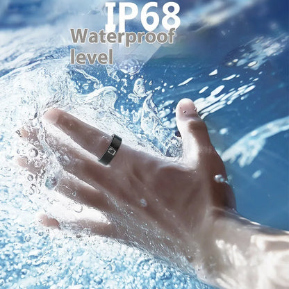 Black ceramic smart ring on a finger, showing health monitoring features for heart rate and blood oxygen tracking