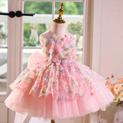 Pink children's flower girl wedding dress with height sizes from 100cm to 160cm