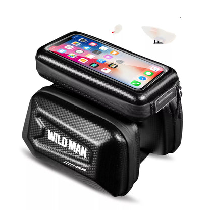 Black PU leather mountain bike phone and belongings pouch with 1L capacity