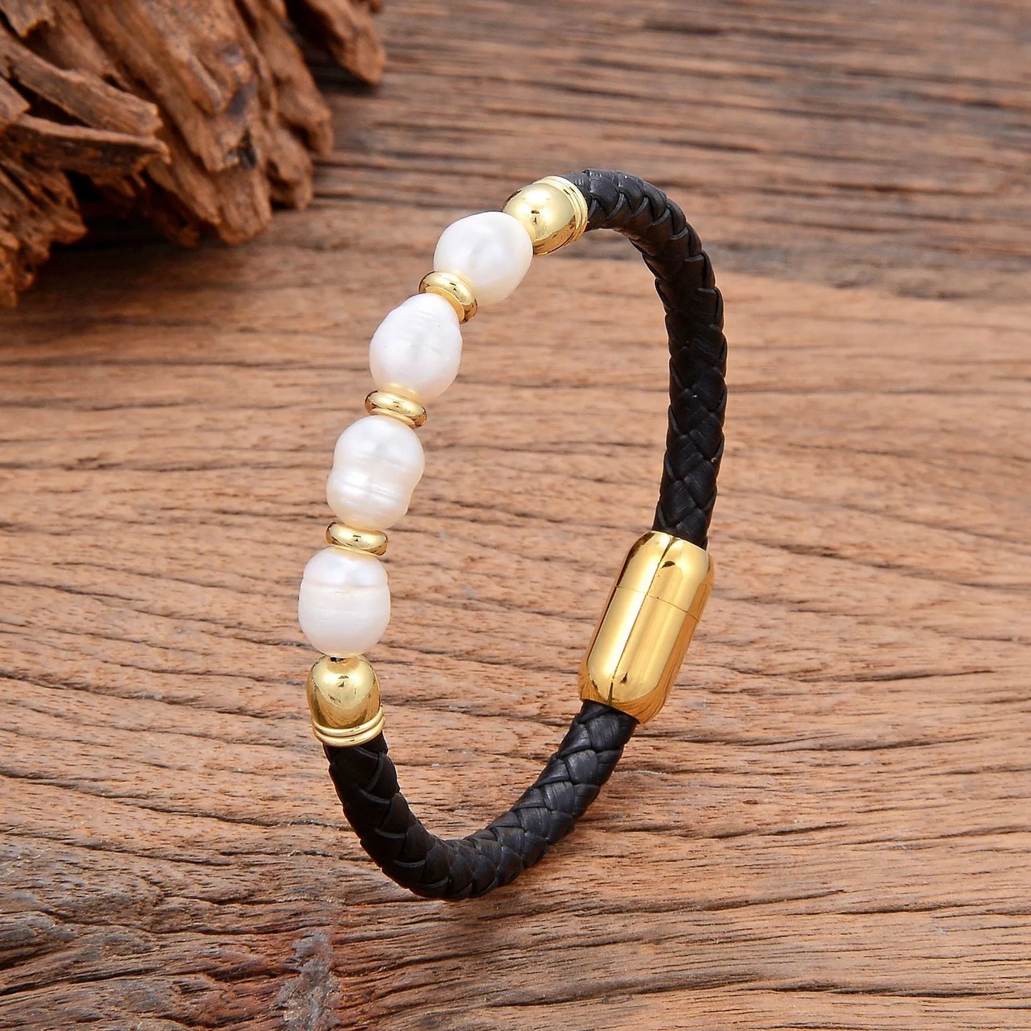 Korean style unisex leather bracelet with irregular natural pearls in six colour options
