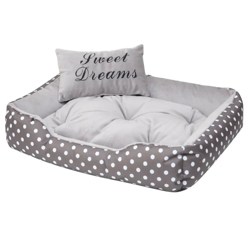 Polka dot printed dog bed with matching square pillow in rose red, lake blue, pink, or grey colours