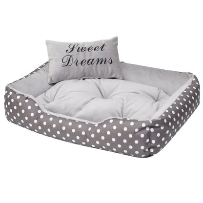 Polka dot printed dog bed with matching square pillow in rose red, lake blue, pink, or grey colours
