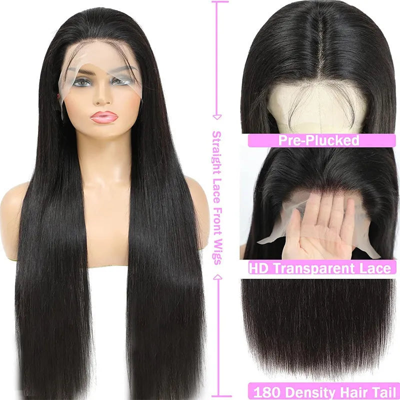 Black straight human hair wig with 13x6 lace front shown at various lengths