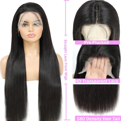 Black straight human hair wig with 13x6 lace front shown at various lengths