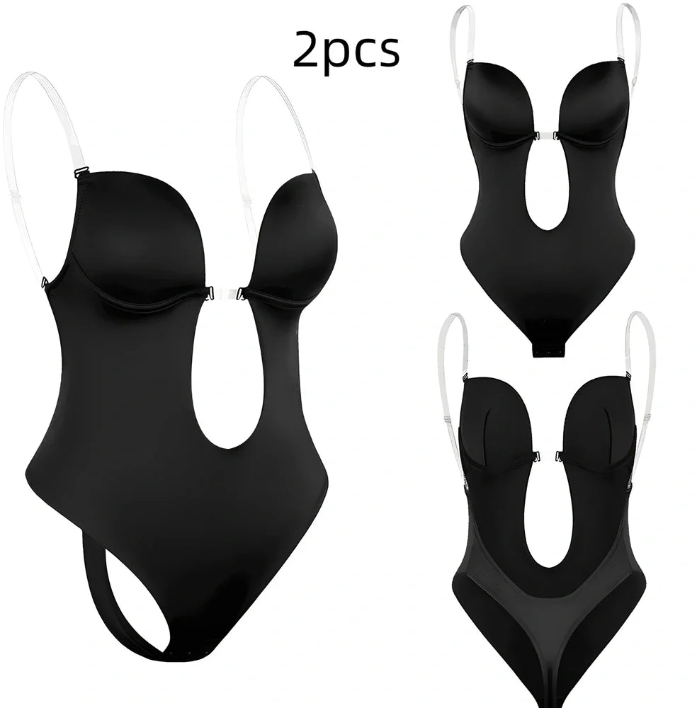 Black spandex body shaping dress with deep V back design and stomach compression