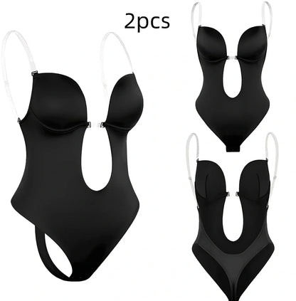 Black spandex body shaping dress with deep V back design and stomach compression