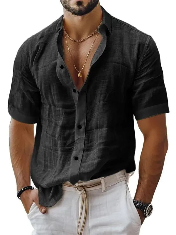 Men's short sleeve lapel shirt in cotton linen blend available in multiple solid colours