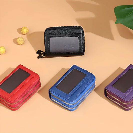 Genuine cowhide leather expanding card holder wallet with zipper closure in multiple colour options