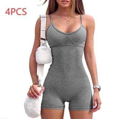 Stylish spaghetti strap jumpsuit in various vibrant colors, perfect for yoga, workouts, and everyday wear.