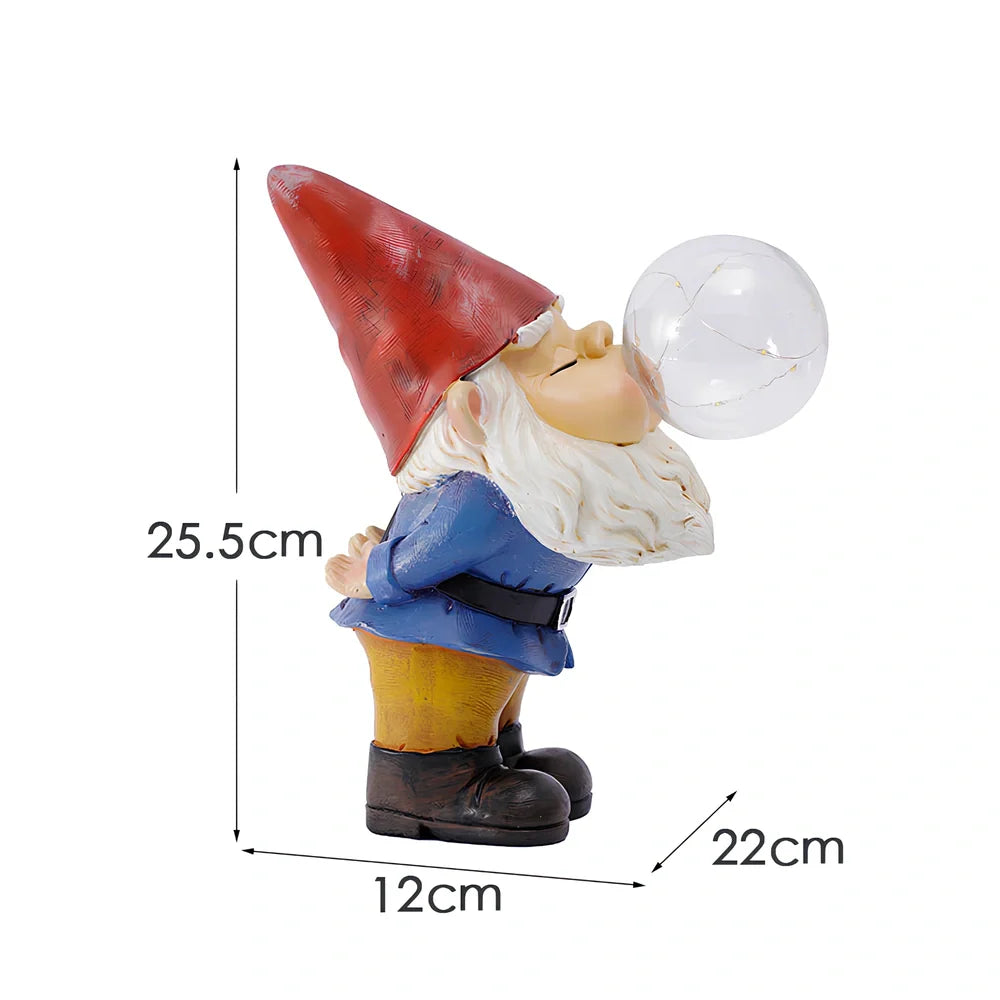 Solar-powered resin garden gnome with automatic lighting, 22cm tall bubble-blowing design