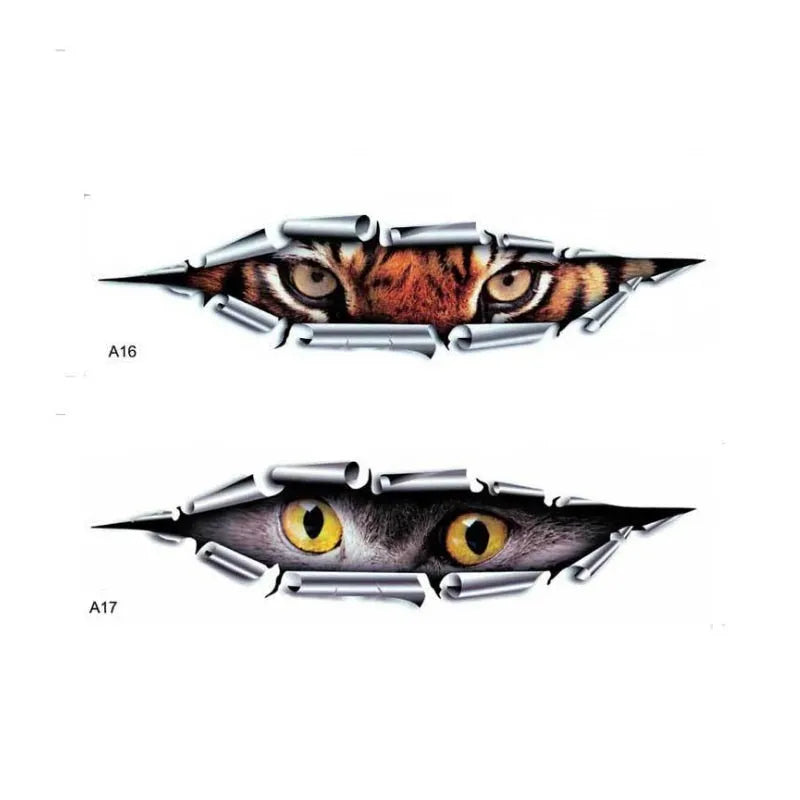 Tiger Eye and Eagle Eye 3D car bumper stickers showing 10x35cm dimensions and transparent PVC material
