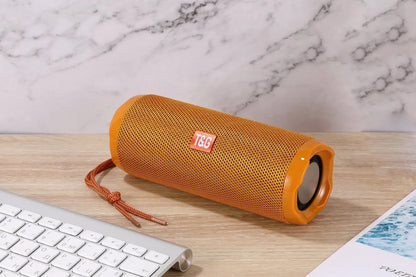 Fabric portable Bluetooth speaker with card holder in blue colour showing compact 182×73.5×69.2mm dimensions