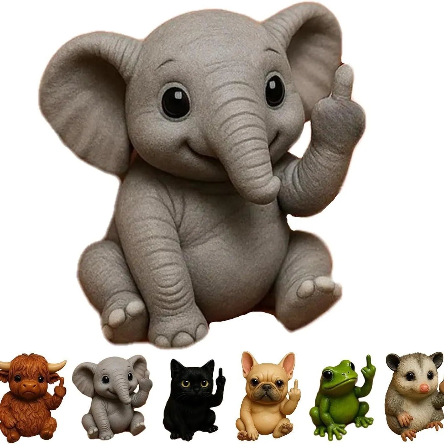 Mini resin animal doll with middle finger gesture, 6-7cm tall, in cat, dog, elephant, frog, Highland cattle, mouse, or turtle design