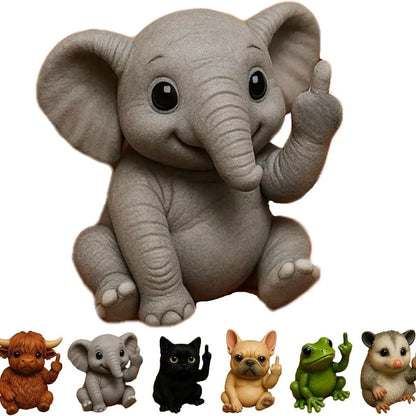 Mini resin animal doll with middle finger gesture, 6-7cm tall, in cat, dog, elephant, frog, Highland cattle, mouse, or turtle design