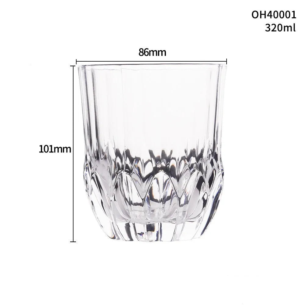 Whiskey shot glass with thick bottom, crystal clear, 350ml capacity, on wooden table